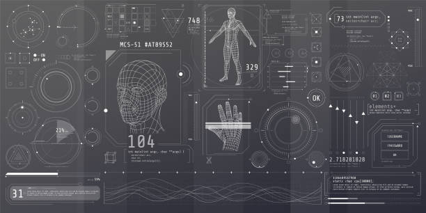 illustrations, cliparts, dessins animés et icônes de un ensemble d’éléments minces sur le thème de la numérisation biologique. - maillage filaire