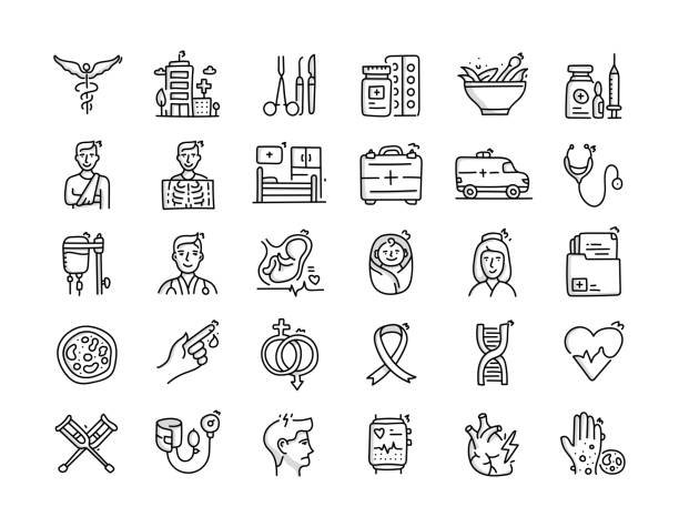 Medical Hand Drawn Line Icon Set and Sketch Design Medical Hand Drawn Line Icon Set and Sketch Design hospital drawings stock illustrations