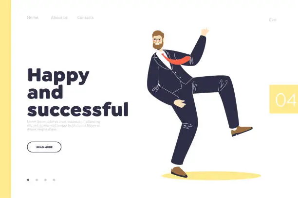 Vector illustration of Happy and successful concept of landing page with funny businessman wearing suit and tie dancing