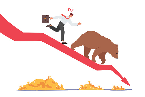 Business Investor Characters on Drop Arrow with Bear Going Down the Chart. Stock Market at Crisis, Money Loss Panic at Coronavirus Epidemic, Economics Bankruptcy. Cartoon People Vector Illustration