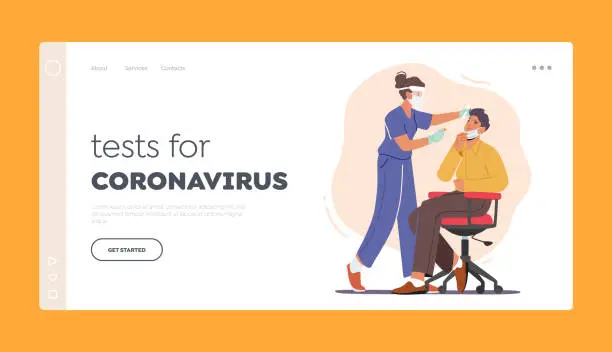 Vector illustration of Coronavirus Disease Express Diagnostics Landing Page Template. Nurse Take Covid Test from Male Character in Laboratory