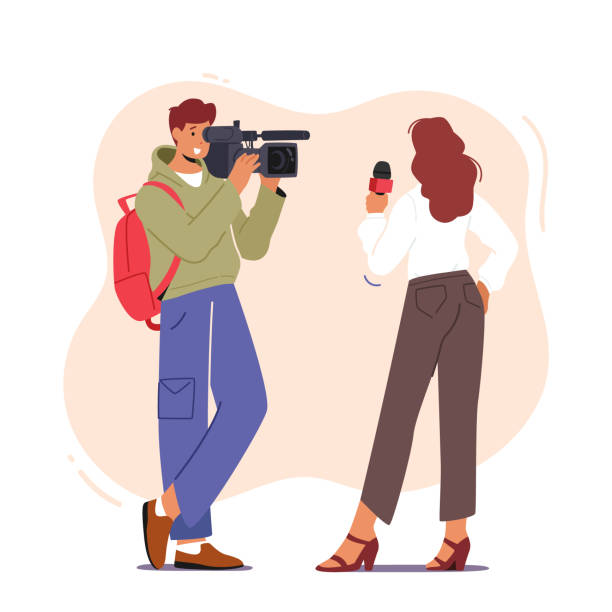 ilustrações, clipart, desenhos animados e ícones de personagem cinegrafista cinegrafista com gravação de câmera jornalista mulher ou repórter de tv segurando microfone, mídia de massa - videographer television camera journalist historic world event