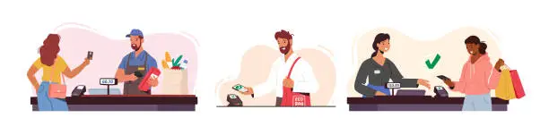 Vector illustration of Set of Customer Characters Online Noncontact Payment. Buyers Hold Credit Cards and Gadgets. People with Purchases