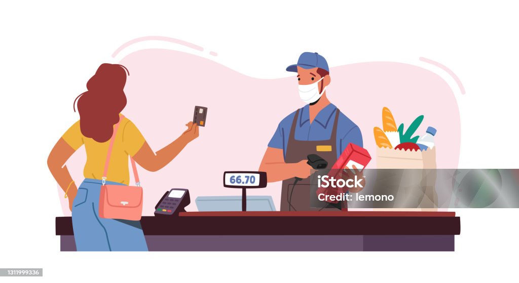Noncontact Payment Concept. Salesman Character in Facial Mask Use Pos Terminal. Female Customer in Supermarket Buy Food - Royalty-free Supermercado arte vetorial