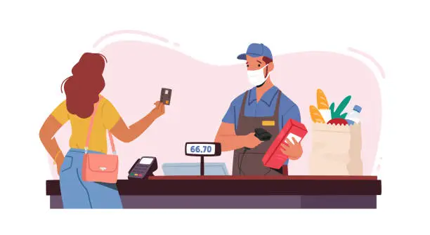 Vector illustration of Noncontact Payment Concept. Salesman Character in Facial Mask Use Pos Terminal. Female Customer in Supermarket Buy Food
