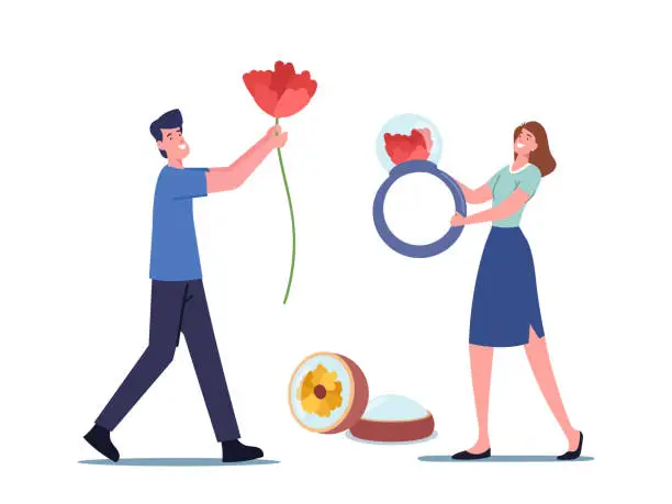 Vector illustration of Handmade Epoxy Resin Jewelry Creation Hobby. Male Character Carry Huge Flower for Making Craft Decor, Woman Holding Ring