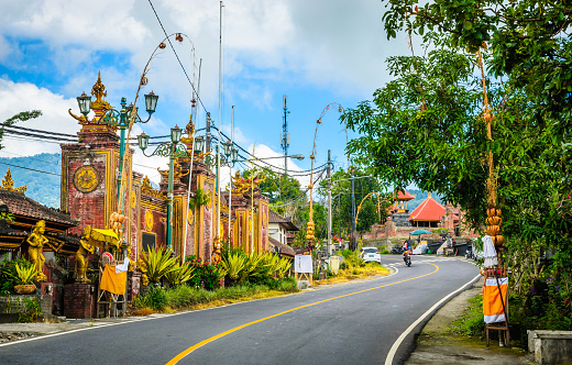 Traditional decorated street of Bali village, Indonesia