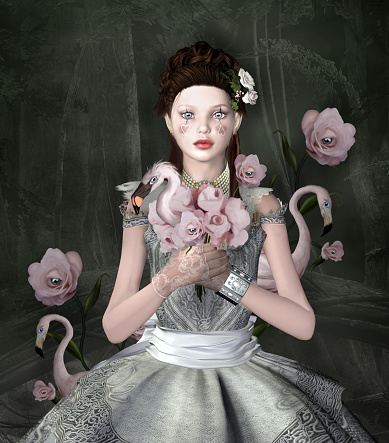 Young girl with surreal gothic bouquet on a black forest background - 3D render