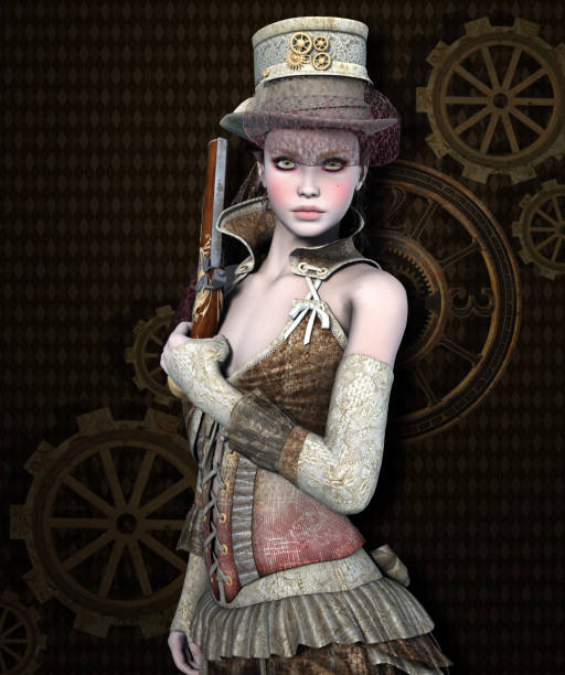 istock Steampunk lady on a gear and wheels backdrop 1312001062