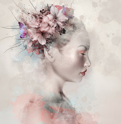 Surreal portrait of a beautiful woman with lilies in her hair - 3D render