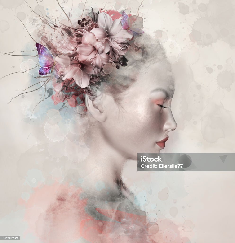 Beautiful digitally generated lady profile Surreal portrait of a beautiful woman with lilies in her hair - 3D render Flower Stock Photo