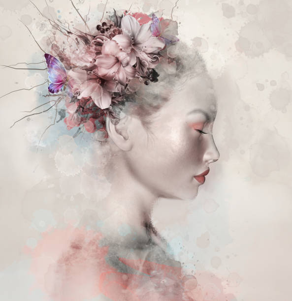 Beautiful digitally generated lady profile Surreal portrait of a beautiful woman with lilies in her hair - 3D render woman painted image stock pictures, royalty-free photos & images