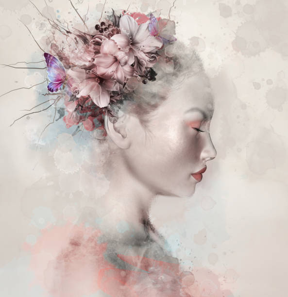 красивый цифровой профиль леди - hair flower стоковые фото и изображения