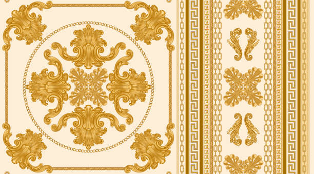 ilustrações de stock, clip art, desenhos animados e ícones de seamless border pattern print on a beige background, gold chains and cables, greek meander frieze, baroque scrolls and pearl shell. scarf, neckerchief, kerchief, carpet, rug, mat frieze - baroque style