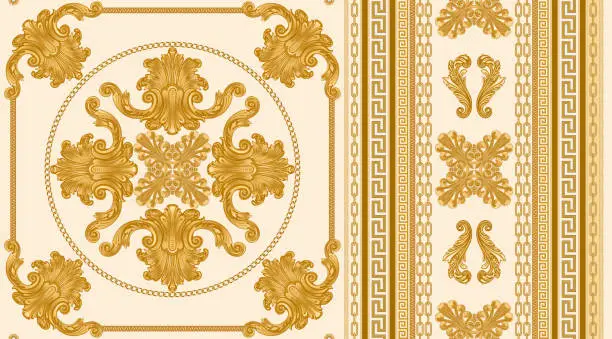 Vector illustration of Seamless border pattern print on a beige background, Gold chains and cables, Greek Meander frieze, Baroque scrolls and pearl shell. Scarf, neckerchief, kerchief, carpet, rug, mat frieze