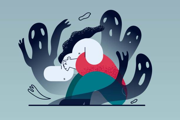 Mental problems, Depression, grief concept Mental problems, Depression, grief concept. Despaired woman floor having fears and scary fantasies feeling sorrow, depression, sadness vector illustration Phobia stock illustrations