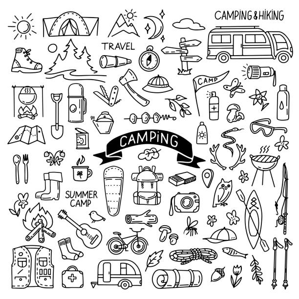 Hand drawn camping and hiking elements in doodle style isolated on white background. Hand drawn camping and hiking elements in doodle style isolated on white background. Outline vector illustration. Design for prints, poster, trip, travel card camping drawings stock illustrations