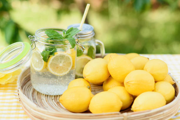 istock Plate with ripe fresh lemons and lemonade. Vitamins concept 1312003928
