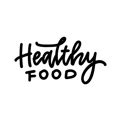Healthy food - Hand written lettering sign in black and white. Restaurant logo, poster, badge, label or icon idea. Rough, draft, grungy vector logo template.