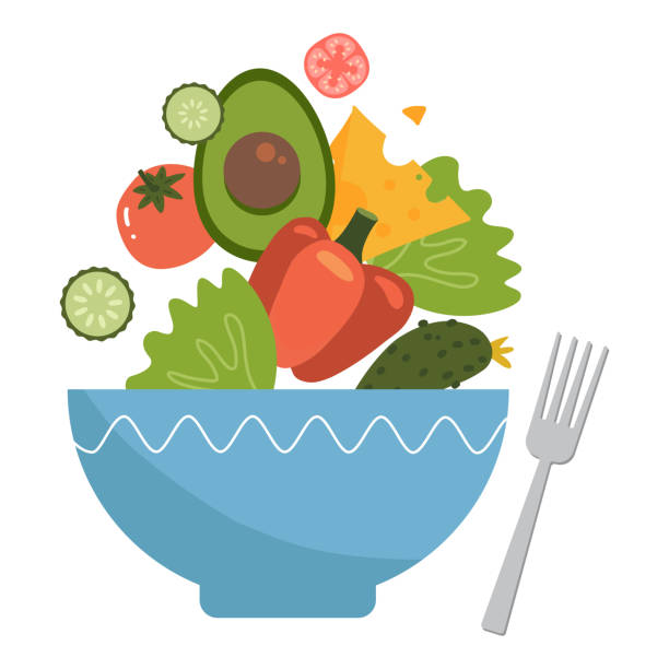 bildbanksillustrationer, clip art samt tecknat material och ikoner med hälsosam mat koncept. grönsakssallad kommer ut från stor skål. element för din design. vektor platt illustration. - healthy food