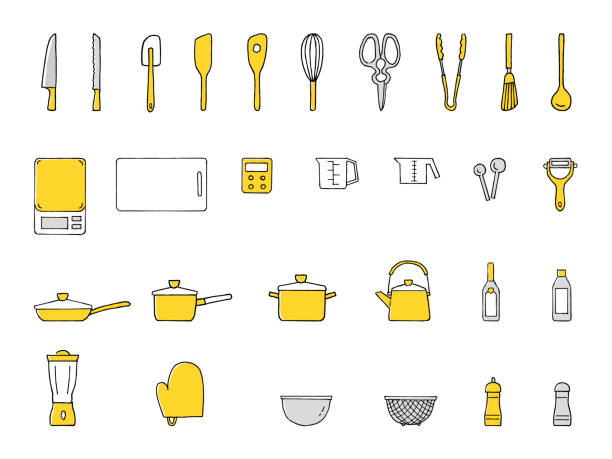 illustrazioni stock, clip art, cartoni animati e icone di tendenza di set di icone a colori per gli articoli da cucina - poultry shears