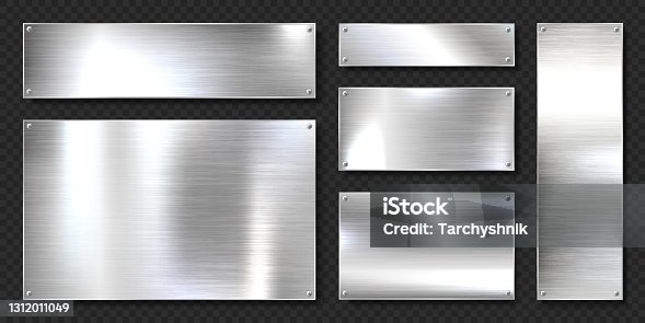 istock Realistic shiny metal banners set. Brushed steel plate with screws. Polished silver metal surface. Vector illustration 1312011049