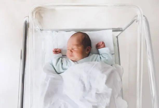 Photo of Newborn baby is sleeping in small transparent portable plastic bed.