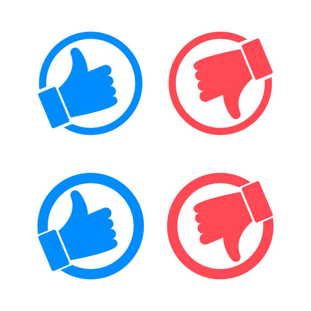 ilustrações de stock, clip art, desenhos animados e ícones de like and dislike vector flat icons. thumbs up and thumbs down icons. blue like button, red dislike button. design elements for smm, ad, marketing, ui, ux, app. vector illustration - boa