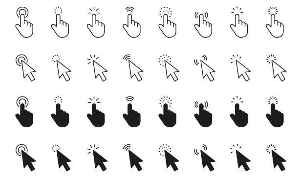 ilustrații de stoc cu faceți clic cu mouse-ul pe cursor setat. faceți clic pe pictogramă. set indicator mouse. săgeată și cursorul mâinii. pictogramele liniei cursorului indicatorului. contur editabil. ilustrație vectorială - mouse
