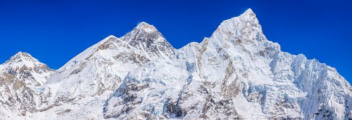 Panoramic view of Mount Everest, Nuptse from Kala Pattar. Kala Patthar meaning 'black rock' in Sanskrit is a mountain in the Nepalese Himalaya. It appears as a big brown bump below the impressive south face of Pumori (7,161m / 23,494ft). Many trekkers in the region of Mount Everest will attempt to summit Kala Patthar, since it provides the most accessible point to view Mt. Everest from base camp to peak (due to the structure of Everest, the peak cannot be seen from the base camp). The views from almost anywhere on Kala Patthar of Everest, Lhotse and Nuptse are spectacular. Mount Everest (Sagarmatha) National Park.http://bhphoto.pl/IS/nepal_380.jpg