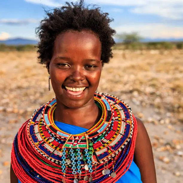 Portrait of African woman from Samburu tribe, central Kenya, Africa. Samburu tribe is one of the biggest tribes of north-central Kenya, and they are related to the Maasai.
