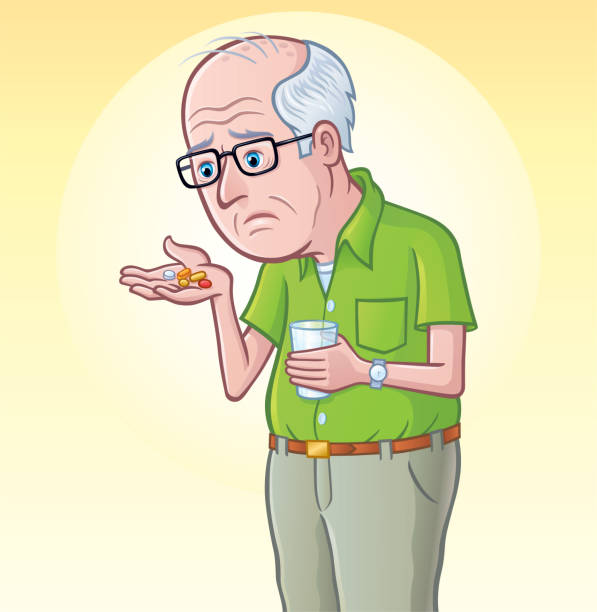 ilustrações, clipart, desenhos animados e ícones de homem mais velho preocupado prestes a tomar vitaminas - 2334