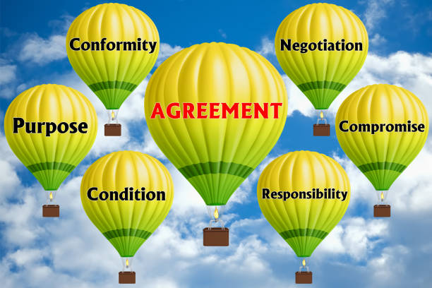 istock Hot air balloons with AGREEMENT concept. Abstract background, Thinking and Creativity. 3d illustration 1312014512
