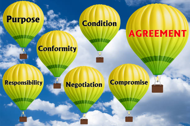 istock Hot air balloons with AGREEMENT concept. Abstract background, Thinking and Creativity. 3d illustration 1312014546