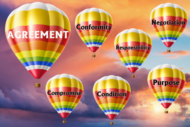 istock Hot air balloons with AGREEMENT concept. Abstract background, Thinking and Creativity. 3d illustration 1312014561