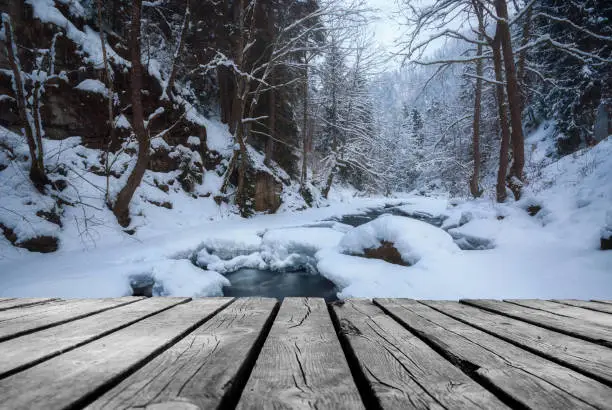 River flowing In winter time with empty wooden batten bridge. Natural template landscape.