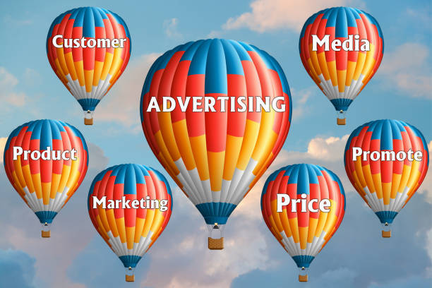 istock Hot air balloons with ADVERTISING concept. Abstract background, Thinking and Creativity. 3d illustration 1312015274