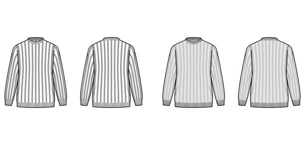 istock Ribbed Sweater technical fashion illustration with rib crew neck, long sleeves, oversized, hip length, knit cuff trim 1312015437