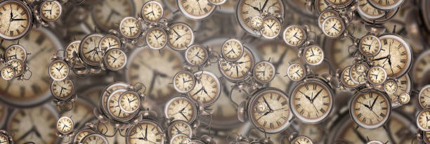 Large set of vintage clock faces. Texture of time, Elegant collection. 3d illustration stock photo