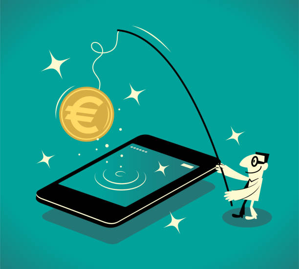 illustrazioni stock, clip art, cartoni animati e icone di tendenza di uomo d'affari in piedi accanto al grande smartphone ottiene una grande valuta dell'unione europea pescando (per fare soldi sul tuo telefono) - european union coin one euro coin one euro cent coin