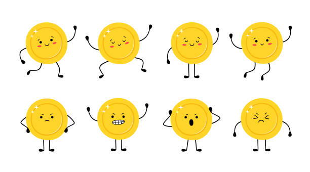 Cute gold coin in different poses. Money coin runs, jumps, is happy, sad, angry. Cute gold coin in different poses. Money coin runs, jumps, is happy, sad, angry. Funny vector cartoon characters isolated on white background change drawings stock illustrations