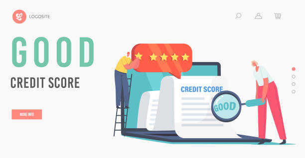 Good Credit Score Landing Page Template. Tiny Characters at Huge Laptop Analyze Document. Excellent Banking Rating Good Credit Score Landing Page Template. Tiny Characters at Huge Laptop Analyze Document. Excellent Banking Rating Conditions. Customers Creditworthiness Concept. Cartoon People Vector Illustration solvency stock illustrations