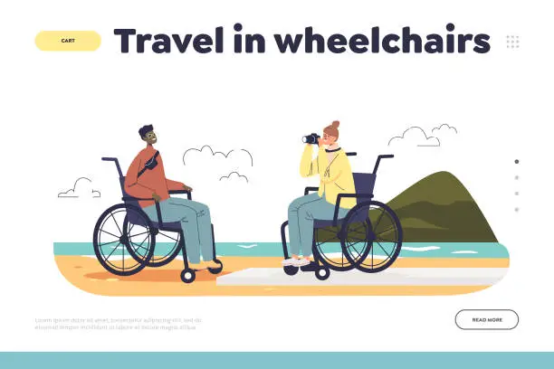Vector illustration of Travel in wheelchair concept of landing page with young disabled people on vacation on seaside
