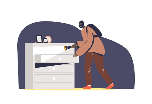 Housebreaker stealing jewelry from drawer. Home robbery and burglary concept. Cartoon criminal theft in mask breaking to property for money and theft. Flat vector illustration