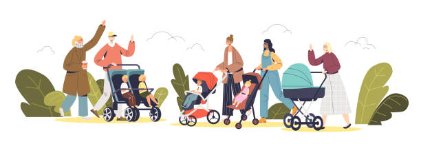 Young parents walking with newborn and preschool kids in carriages and strollers in park Young parents walking with newborn and preschool kids in carriages and strollers in park. Happy families with small children outdoors. Cartoon flat vector illustration baby carriage stock illustrations