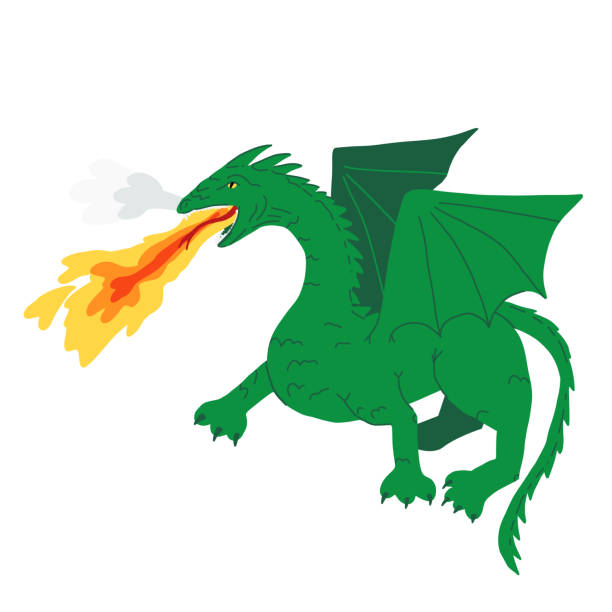 istock A mythical creature, frightening green dragon attacks, spews flame and smoke from its mouth. Cartoon vector illustration on isolated background. 1312022797