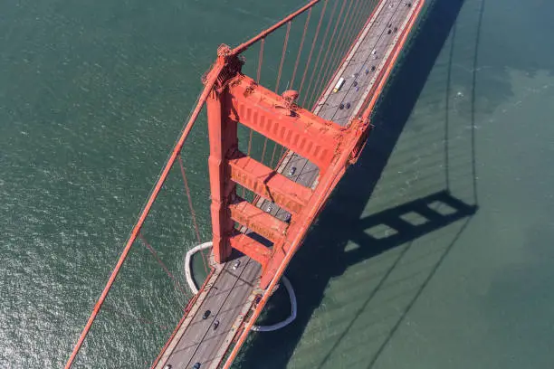 Aerial down view of the Golden Gate Bridge near San Francisco, California.