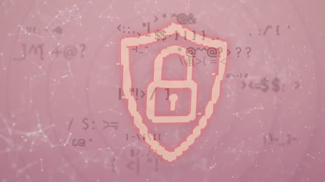 Network of connections and changing symbols against security padlock icon on pink background