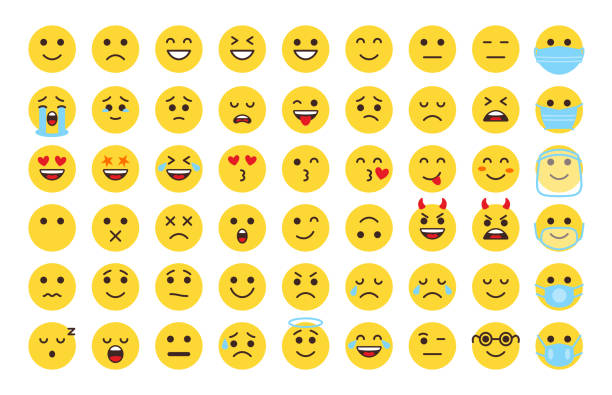 emoji wajah ikon datar kuning senyum sedih vektor set - emotikon ilustrasi stok