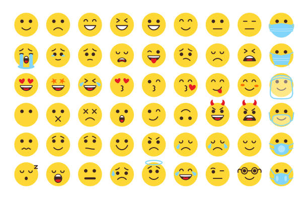 Emoji face icon flat yellow smile sad vector set Emoji face icon set. Different type flat emoticon smile collection. Mood or facial emotion symbol. Faces expressing laugh, joyful, sad, angry. Emoticons in mask. Isolated on white vector illustration emoticon stock illustrations